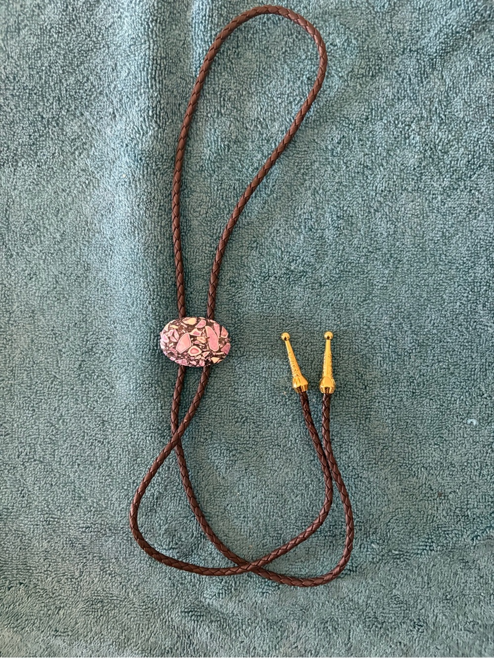 Brown Braided Leather Bolo Tie with Pink Stone Slide